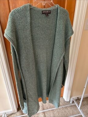 Eddie Bauer Open-Front Long Knit Cardigan in Sage